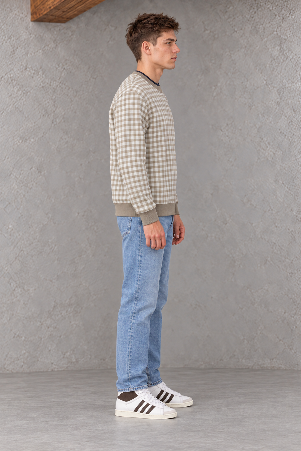 Men's Natural Checkered Sweatshirt | Super Soft German Velvet Crew Neck Pullover