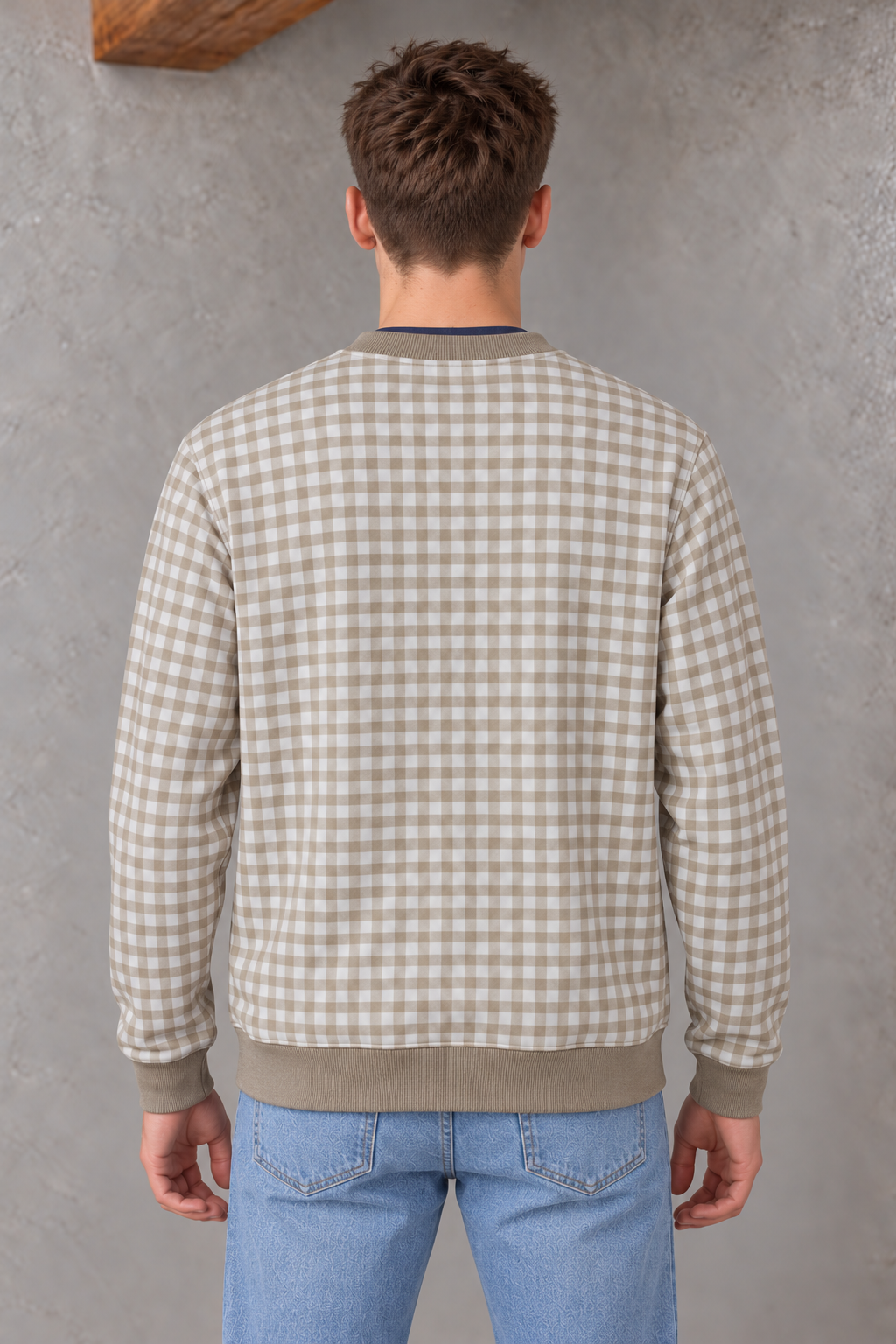 Men's Natural Checkered Sweatshirt | Super Soft German Velvet Crew Neck Pullover