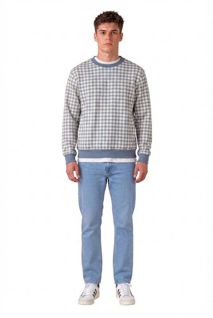 Men's Sky Checkered Sweatshirt | Super Soft German Velvet Crew Neck Pullover