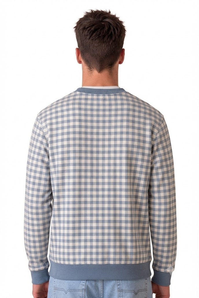 Men's Sky Checkered Sweatshirt | Super Soft German Velvet Crew Neck Pullover