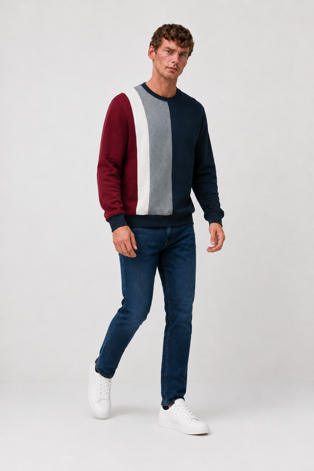 Men’s Navy Cotton Fleece Colour Block Crew Neck Sweatshirt – Regular Fit Full Sleeve Winter Sweatshirt