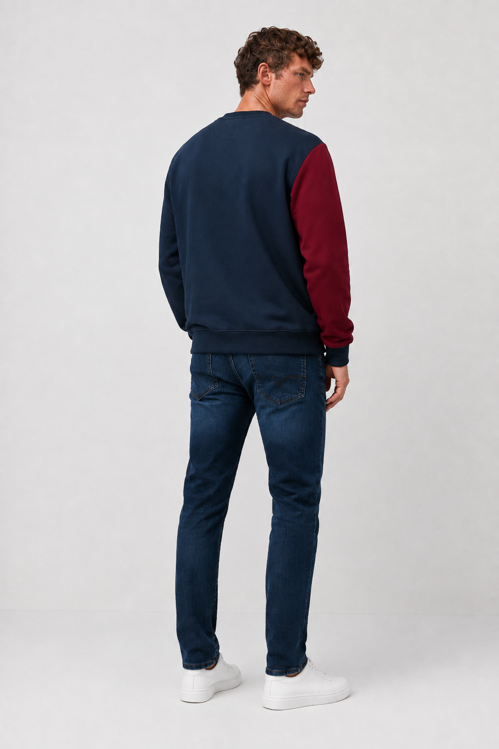 Men’s Navy Cotton Fleece Colour Block Crew Neck Sweatshirt – Regular Fit Full Sleeve Winter Sweatshirt