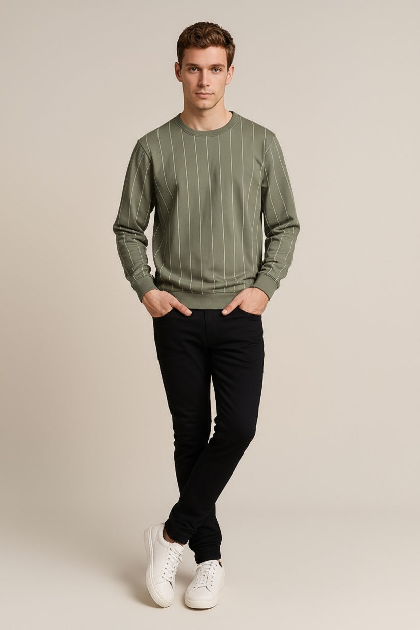 Octave Men Light Olive Striped Round Neck Sweatshirt