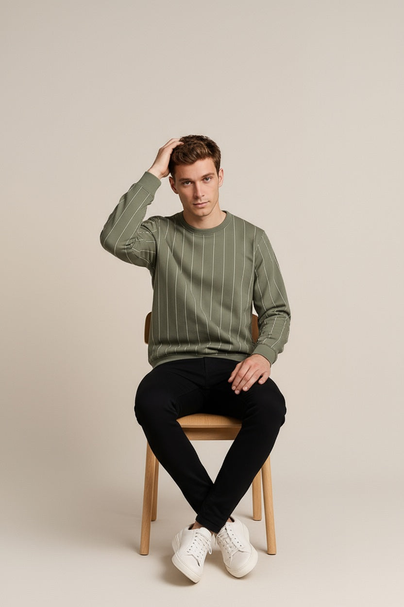 Octave Men Light Olive Striped Round Neck Sweatshirt