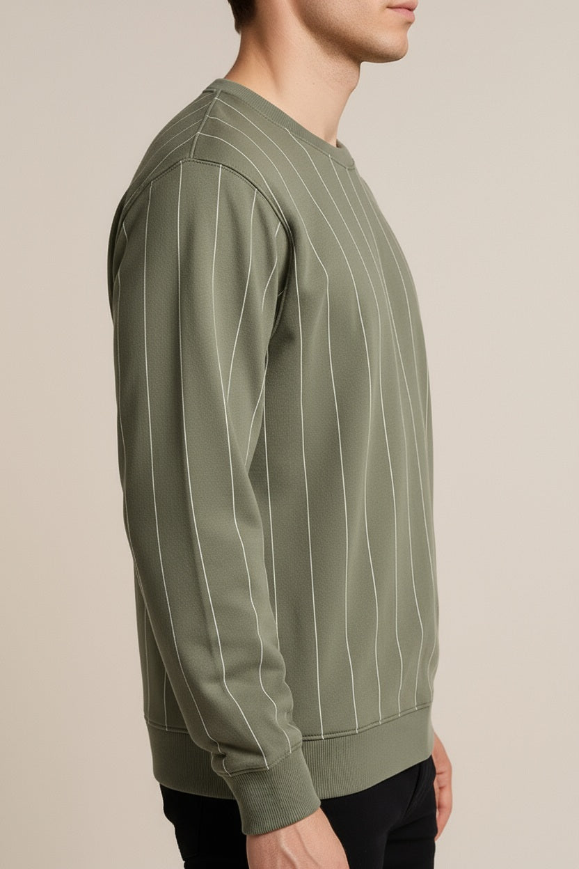 Octave Men Light Olive Striped Round Neck Sweatshirt