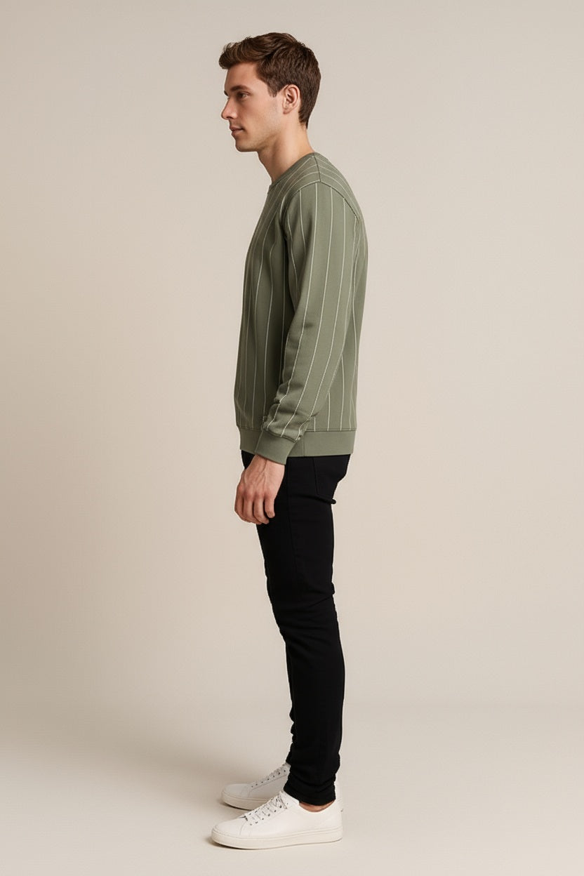 Octave Men Light Olive Striped Round Neck Sweatshirt
