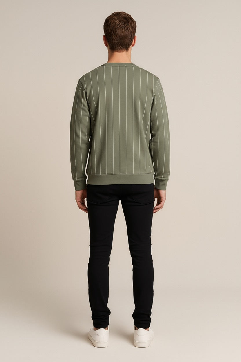Octave Men Light Olive Striped Round Neck Sweatshirt