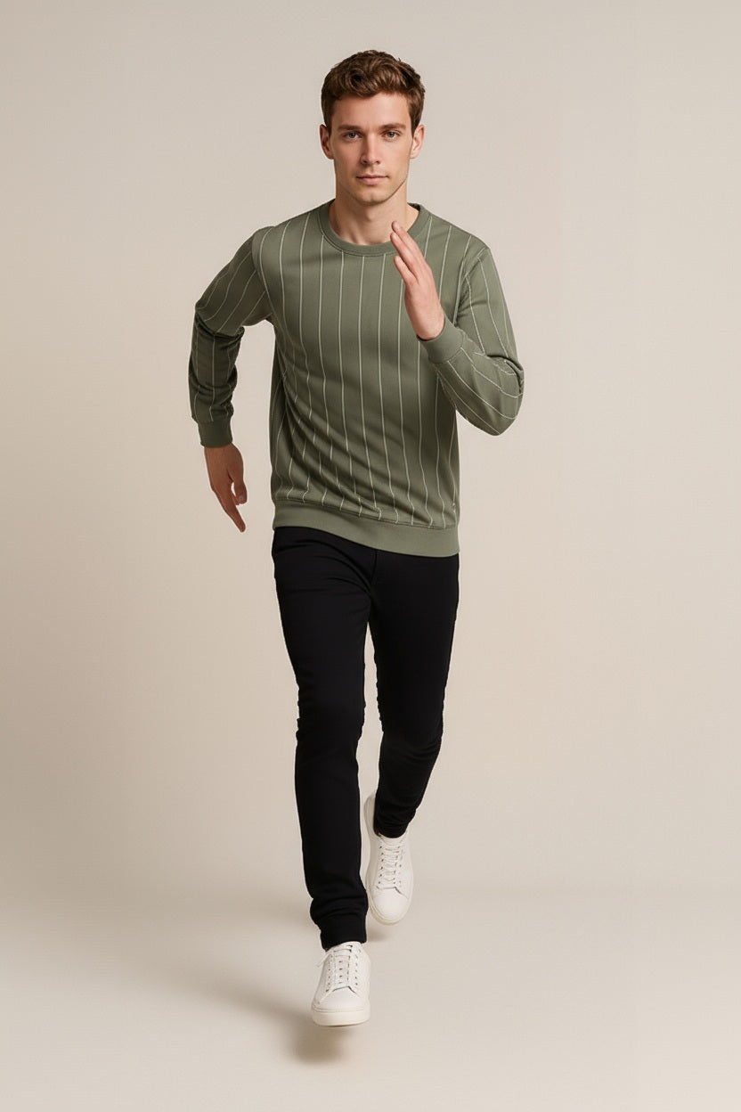 Octave Men Light Olive Striped Round Neck Sweatshirt