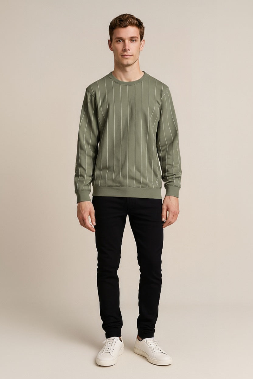 Octave Men Light Olive Striped Round Neck Sweatshirt