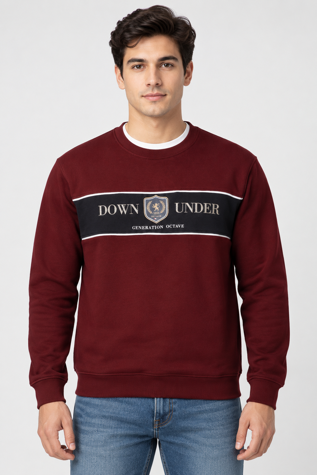 Men’s Regular Fit Brushed Cotton Fleece Sweatshirt – Merlot Graphic Crew Neck