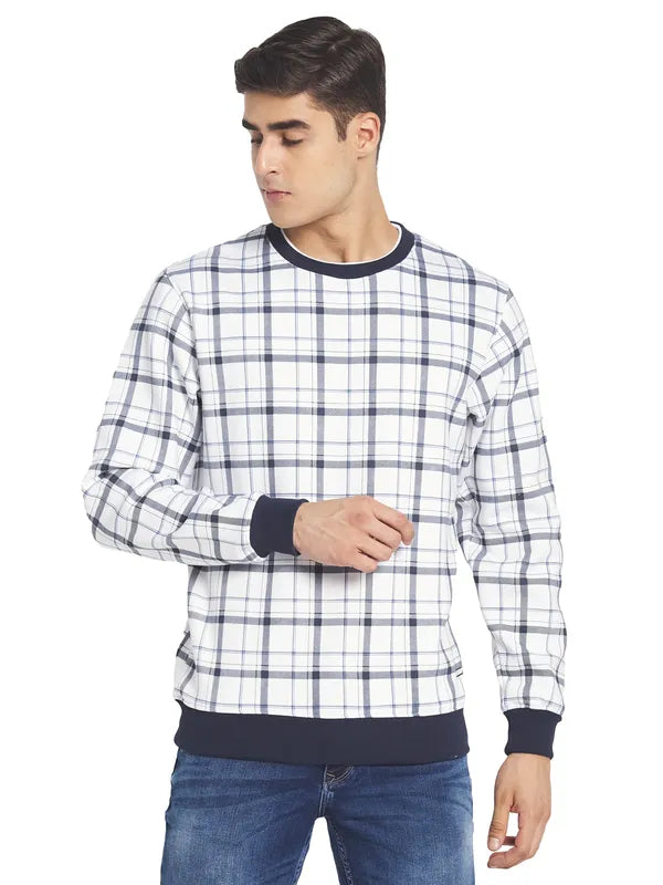 Octave Men White Checked Fleece Sweatshirt