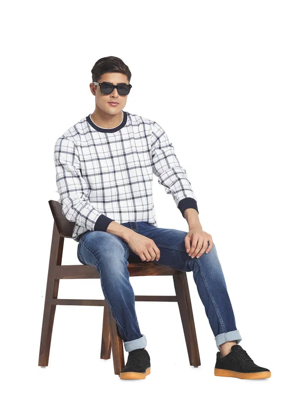 Octave Men White Checked Fleece Sweatshirt