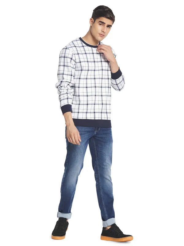 Octave Men White Checked Fleece Sweatshirt