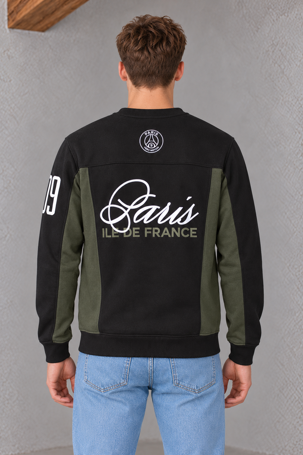 Men's Knitted Brushed Cotton Fleece Colorblock Crewneck Sweatshirt - Black