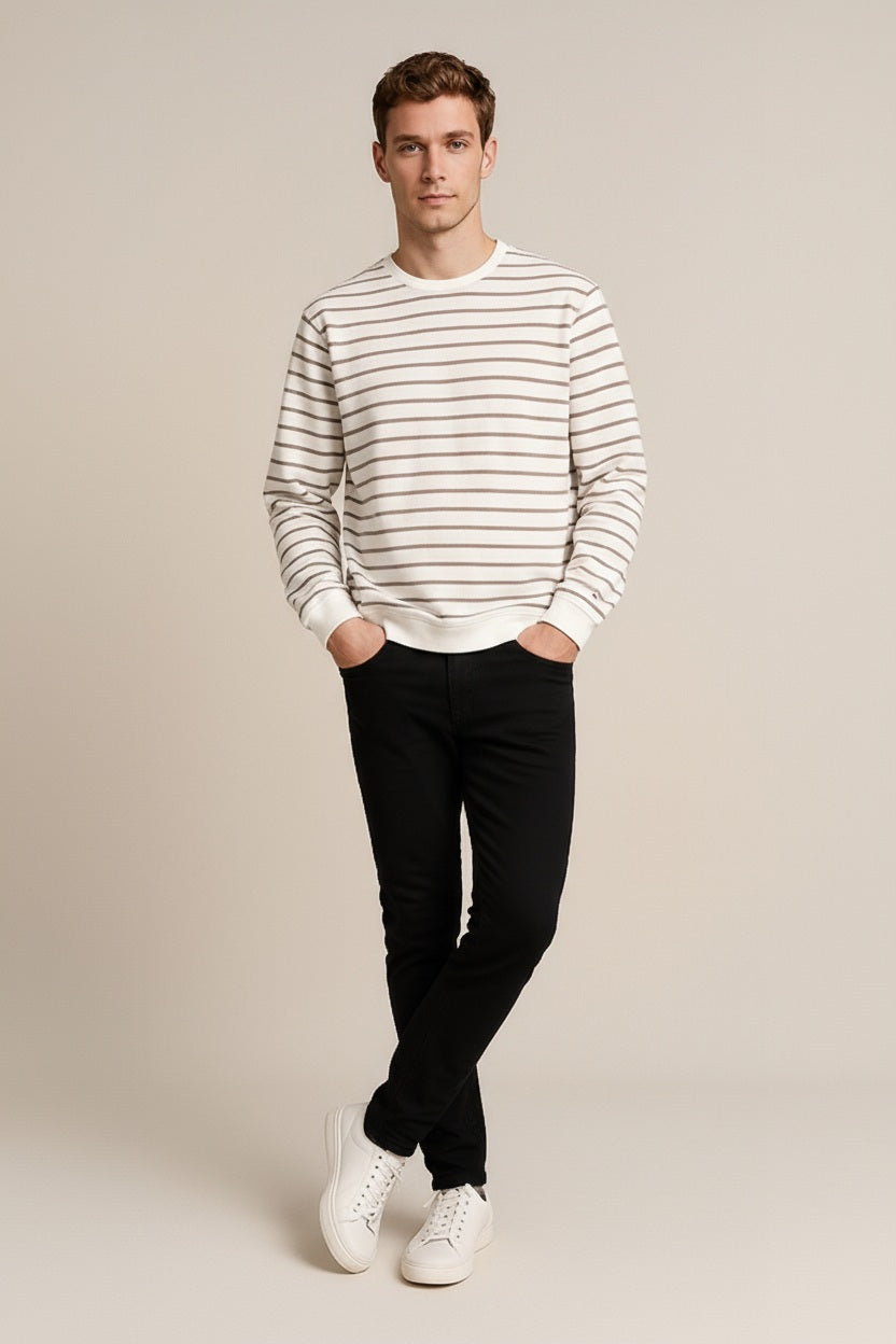 Octave Men Off White Striped Round Neck Sweatshirt