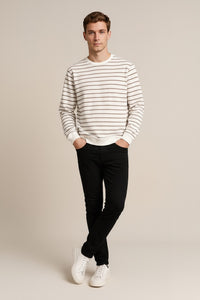 Octave Men Off White Striped Round Neck Sweatshirt