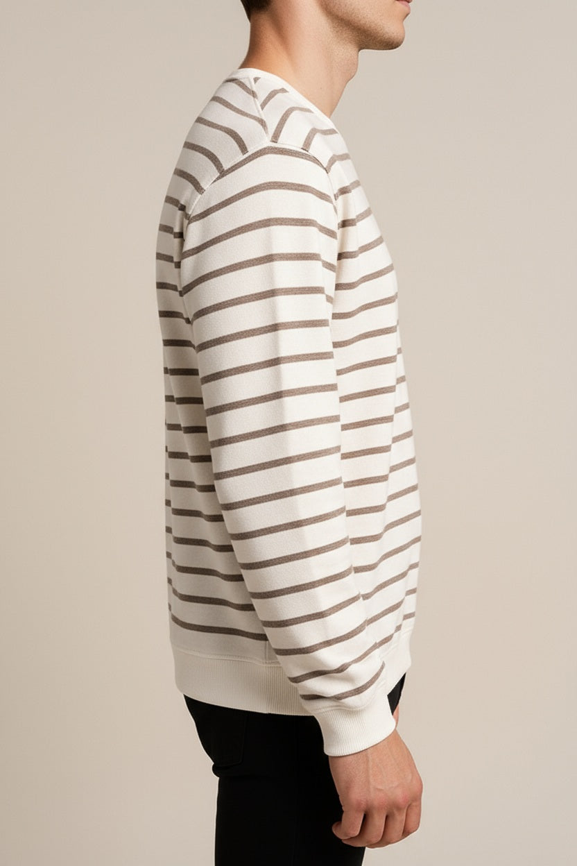 Octave Men Off White Striped Round Neck Sweatshirt