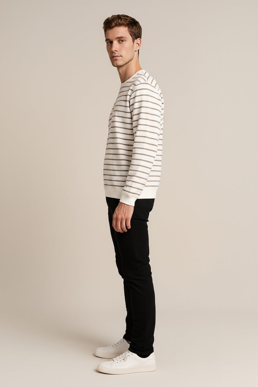 Octave Men Off White Striped Round Neck Sweatshirt