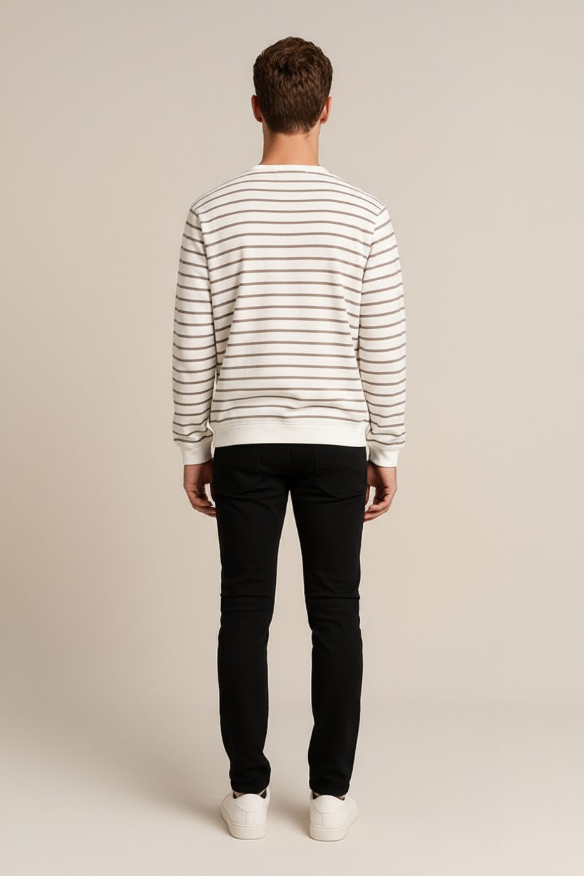 Octave Men Off White Striped Round Neck Sweatshirt
