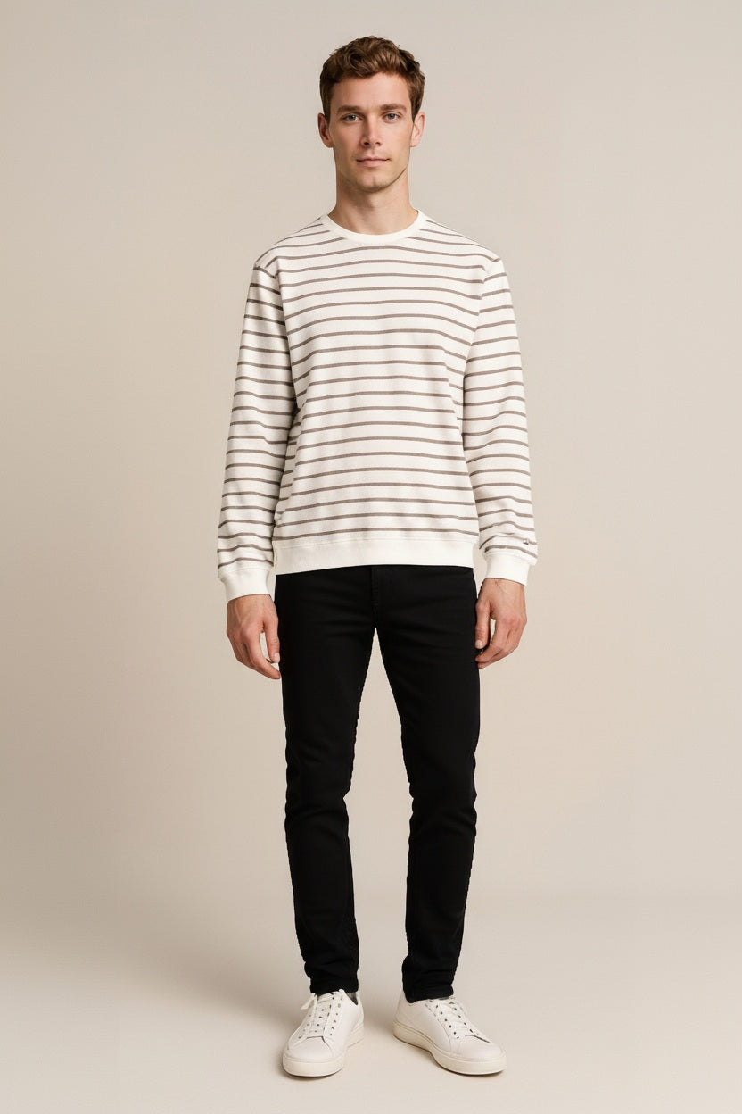Octave Men Off White Striped Round Neck Sweatshirt