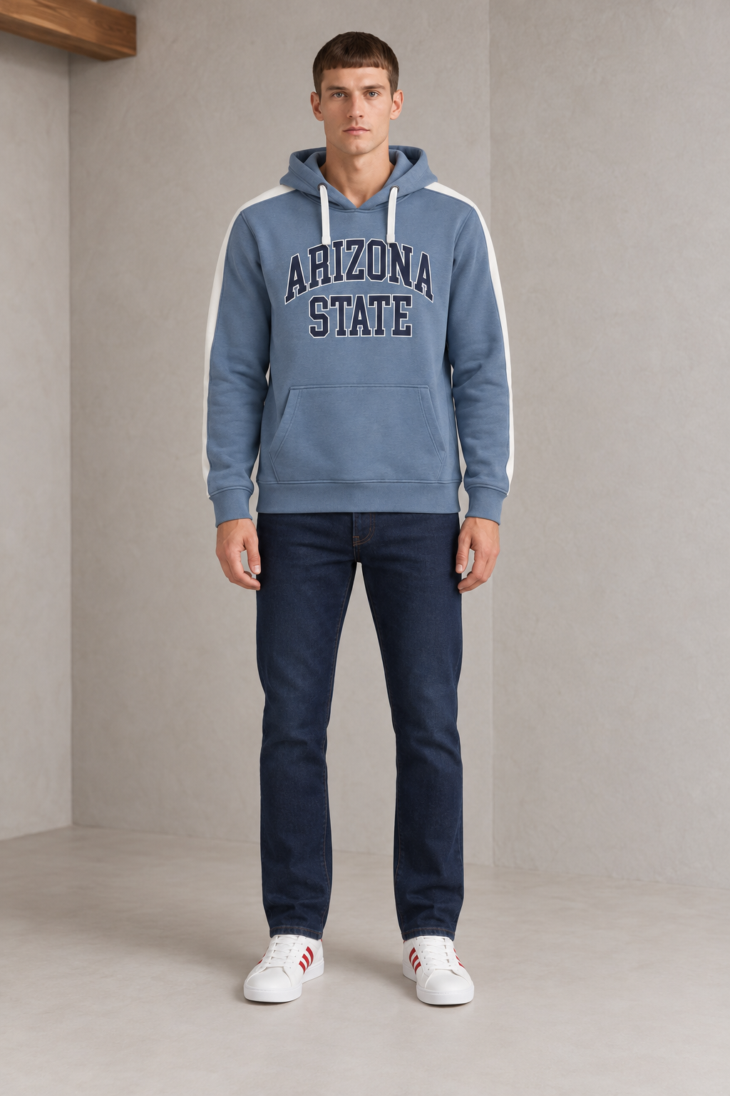 Men’s Denim Blue Cotton Brushed Fleece Hooded Sweatshirt – Regular Fit