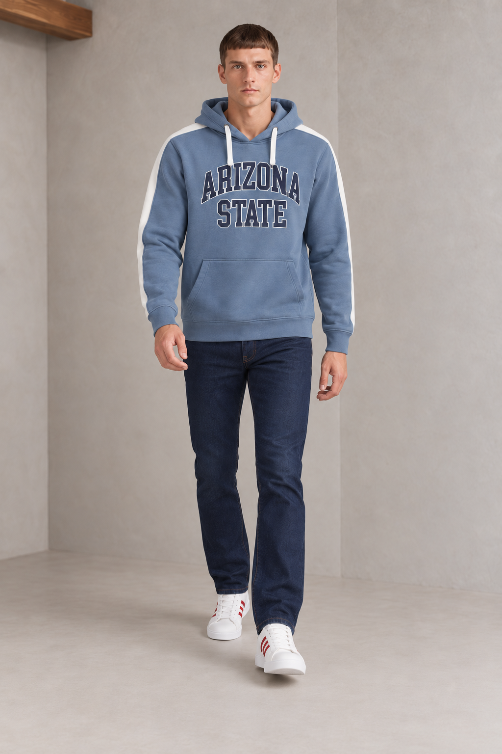 Men’s Denim Blue Cotton Brushed Fleece Hooded Sweatshirt – Regular Fit