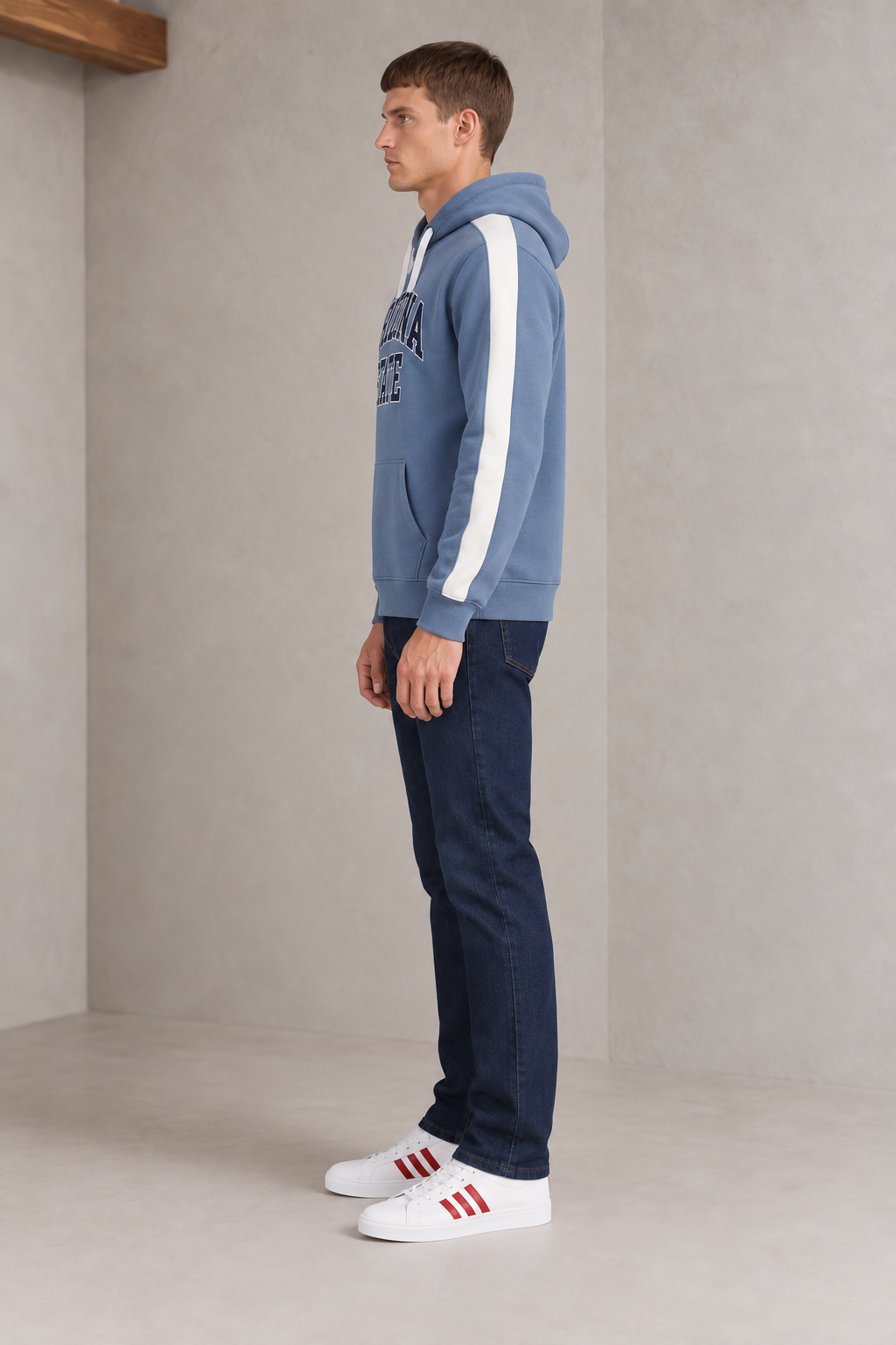 Men’s Denim Blue Cotton Brushed Fleece Hooded Sweatshirt – Regular Fit