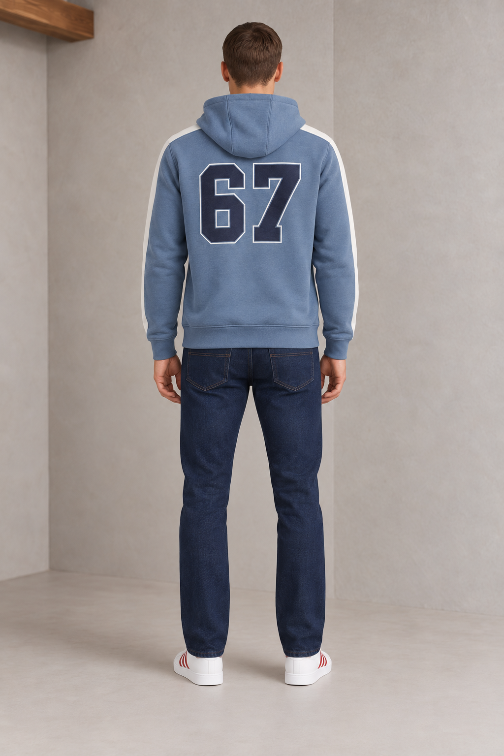 Men’s Denim Blue Cotton Brushed Fleece Hooded Sweatshirt – Regular Fit