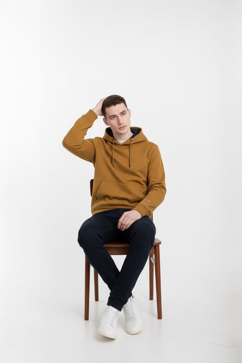 Octave Men Dark Camel Solid Hooded Sweatshirt