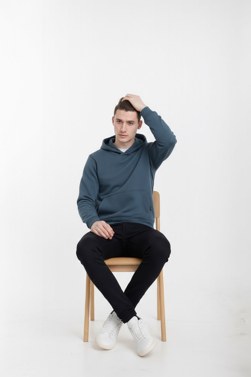 Octave Men Navy Melange Solid Hooded Sweatshirt