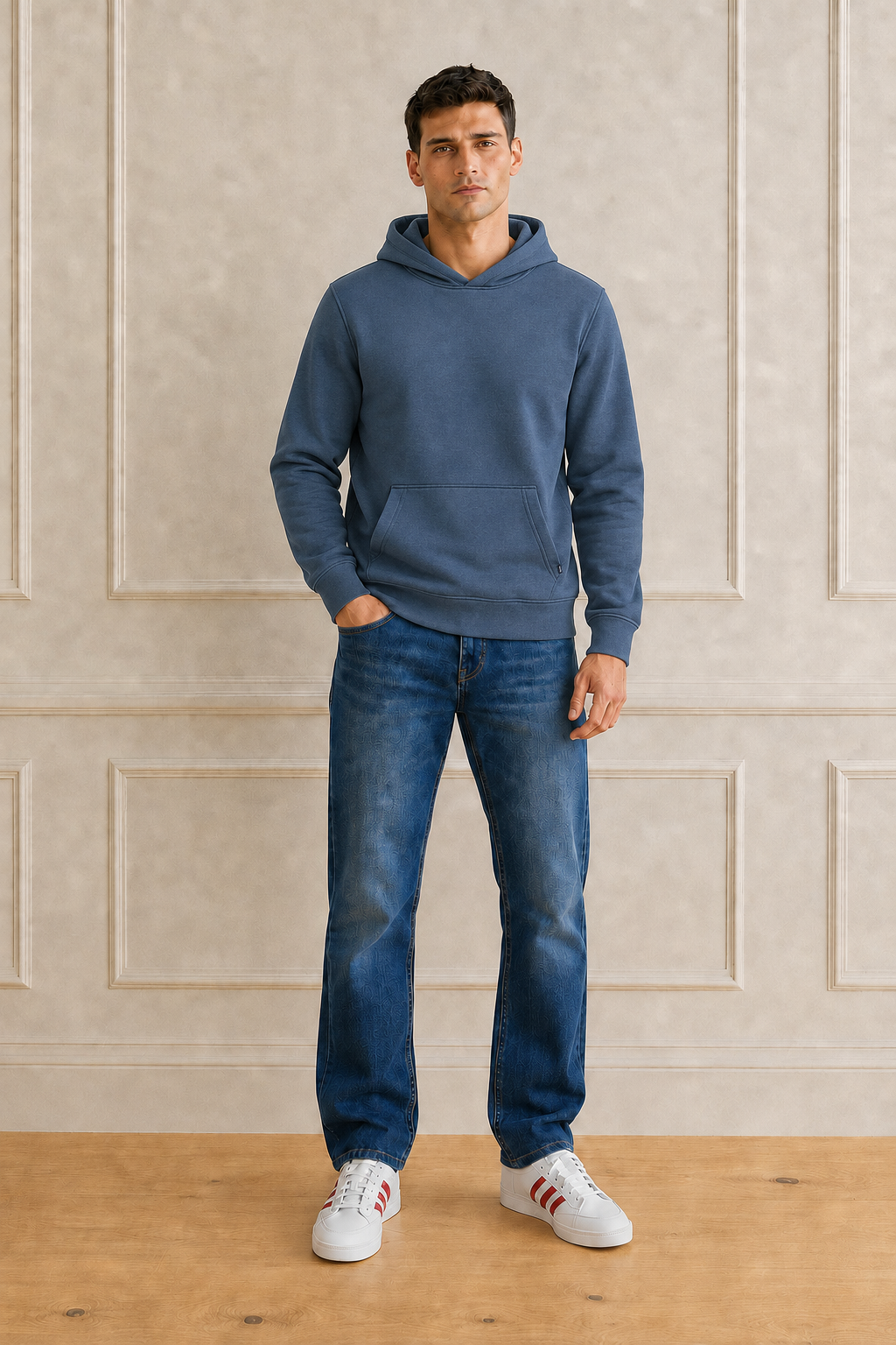 Men’s Navy Melange German Suede Hooded Winter Sweatshirt