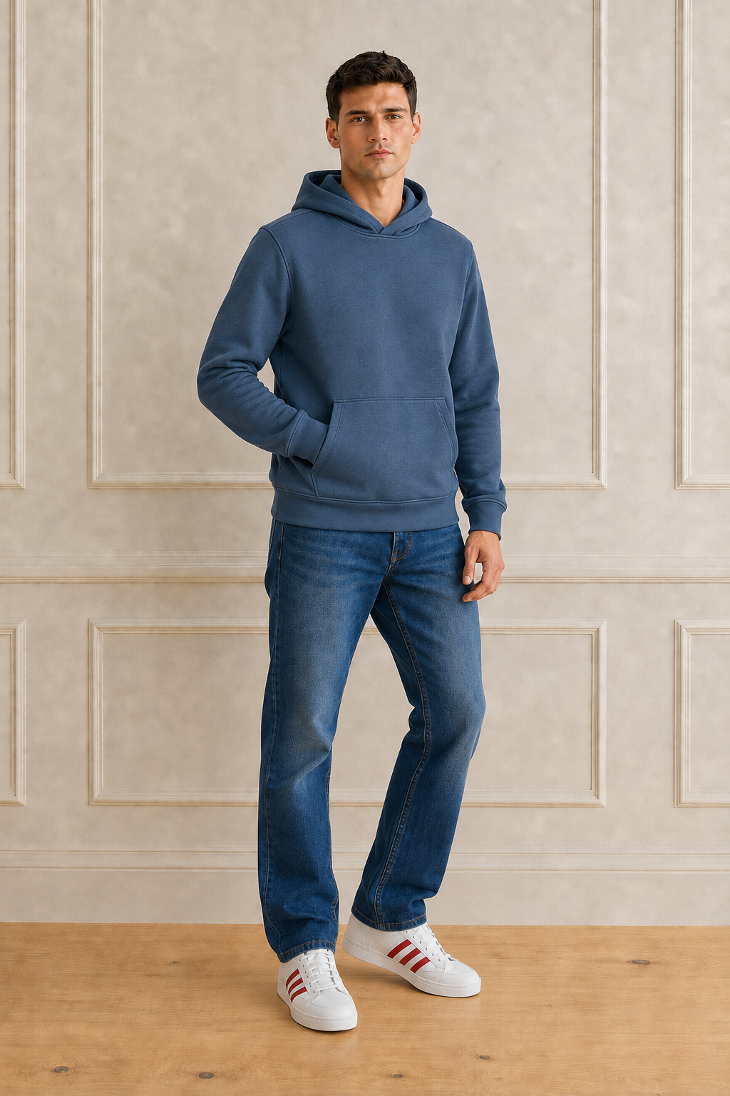 Men’s Navy Melange German Suede Hooded Winter Sweatshirt