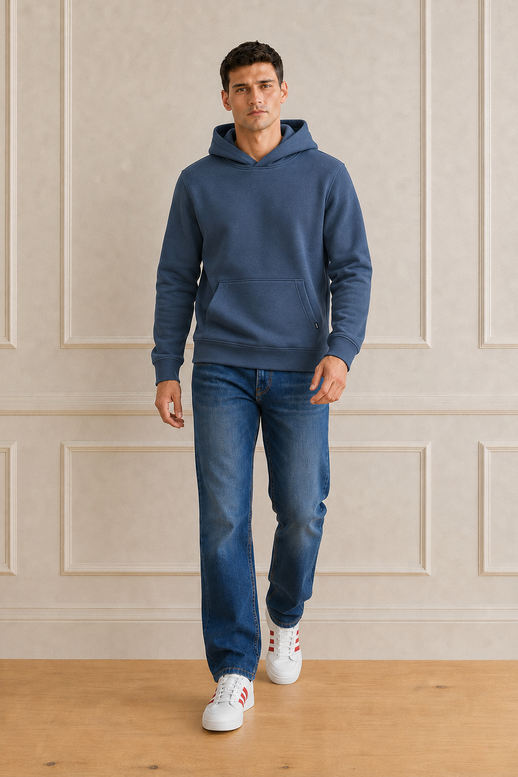 Men’s Navy Melange German Suede Hooded Winter Sweatshirt