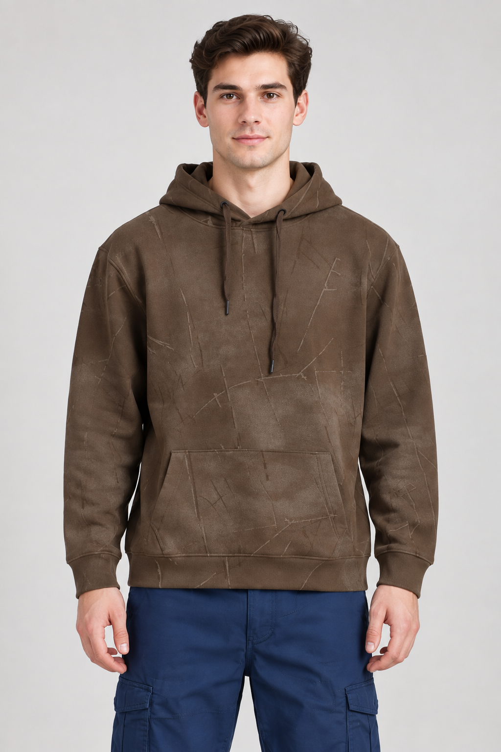Men’s Brown Cotton Blend Hooded Sweatshirt – Regular Fit Pullover Hoodie
