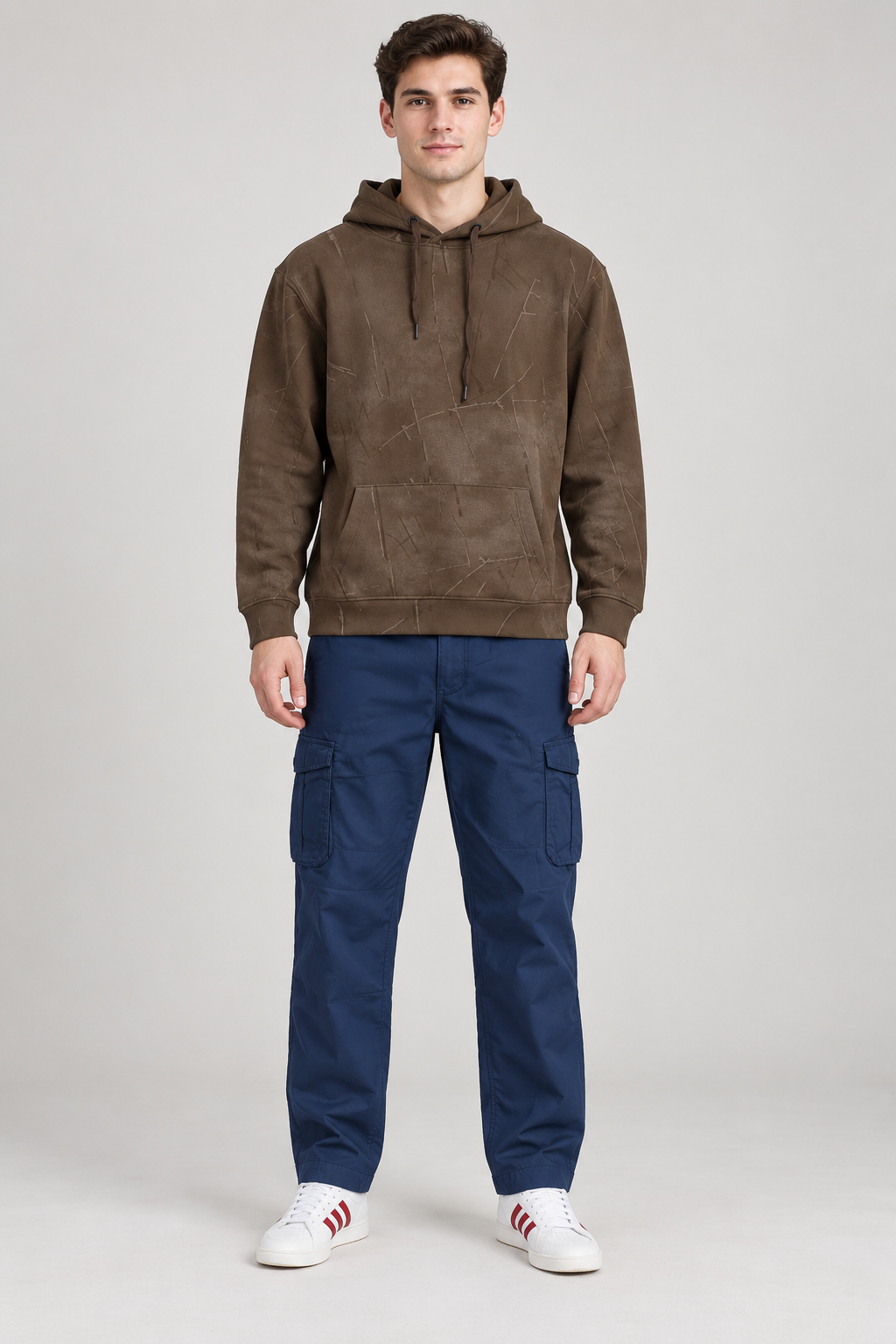 Men’s Brown Cotton Blend Hooded Sweatshirt – Regular Fit Pullover Hoodie