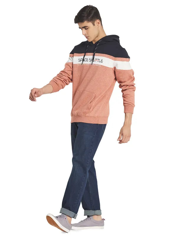 Octave Men Orange  White Colourblocked Hooded Sweatshirt