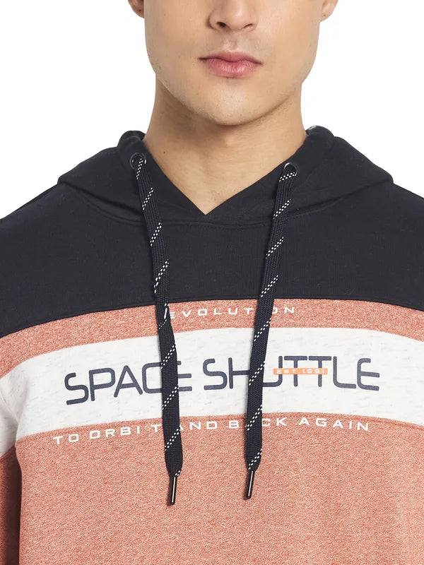 Octave Men Orange  White Colourblocked Hooded Sweatshirt