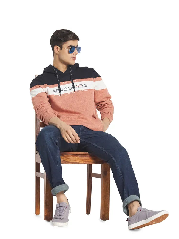 Octave Men Orange  White Colourblocked Hooded Sweatshirt