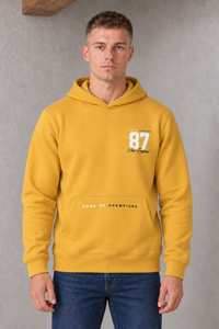 Men's Regular Fit Knitted Cotton Fleece Hooded Sweatshirt with 87 New England Graphic Print – Mustard