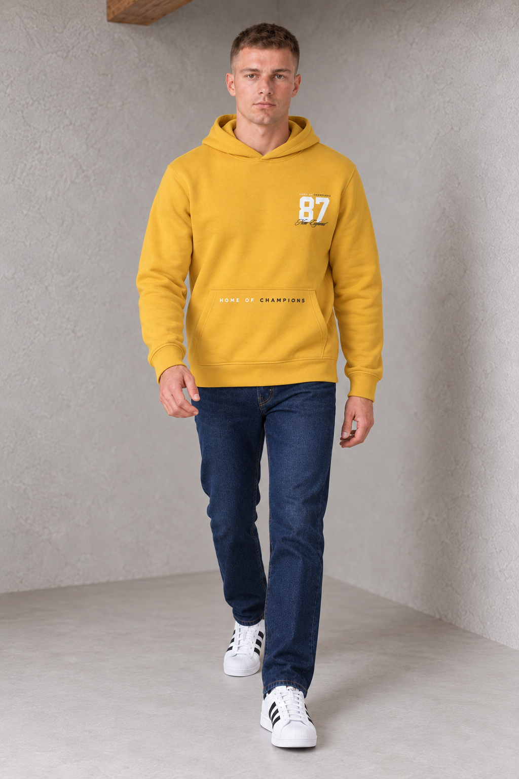Men's Regular Fit Knitted Cotton Fleece Hooded Sweatshirt with 87 New England Graphic Print – Mustard
