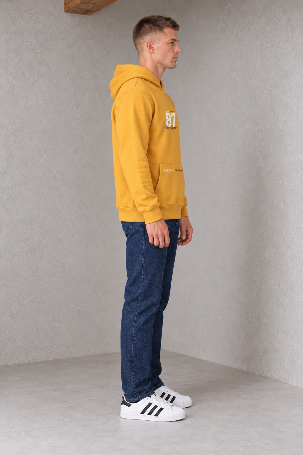 Men's Regular Fit Knitted Cotton Fleece Hooded Sweatshirt with 87 New England Graphic Print – Mustard