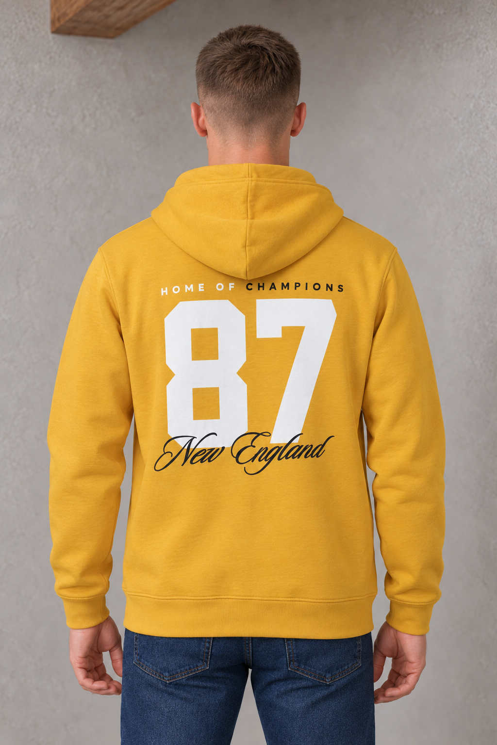 Men's Regular Fit Knitted Cotton Fleece Hooded Sweatshirt with 87 New England Graphic Print – Mustard