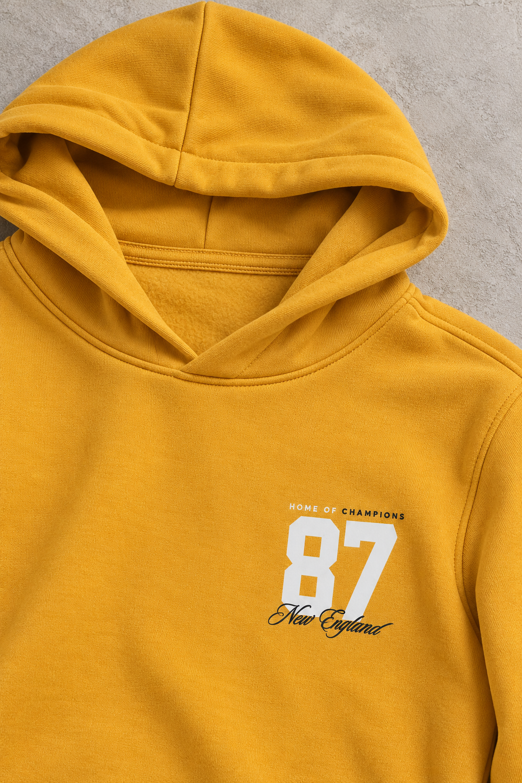 Men's Regular Fit Knitted Cotton Fleece Hooded Sweatshirt with 87 New England Graphic Print – Mustard