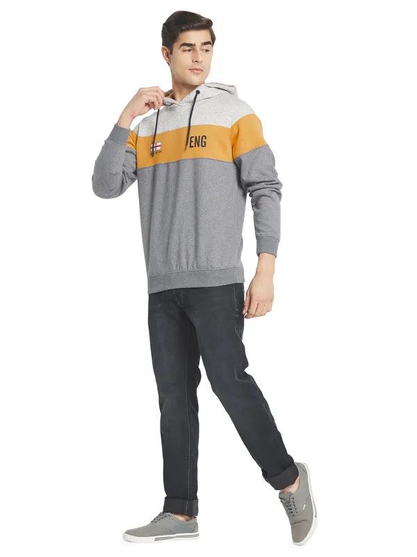 Octave Men Grey  Yellow Colourblocked Fleece Hooded Sweatshirt