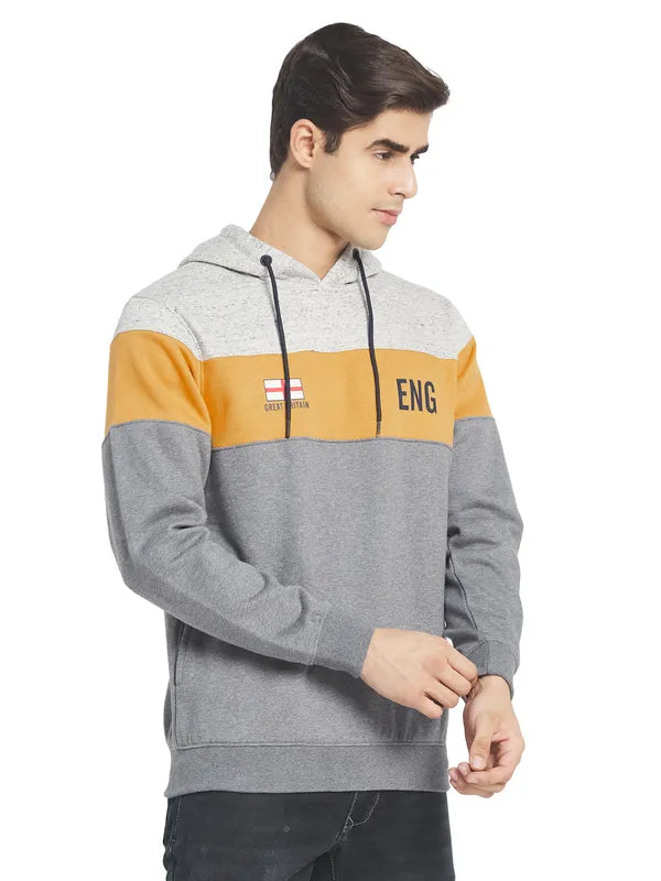 Octave Men Grey  Yellow Colourblocked Fleece Hooded Sweatshirt