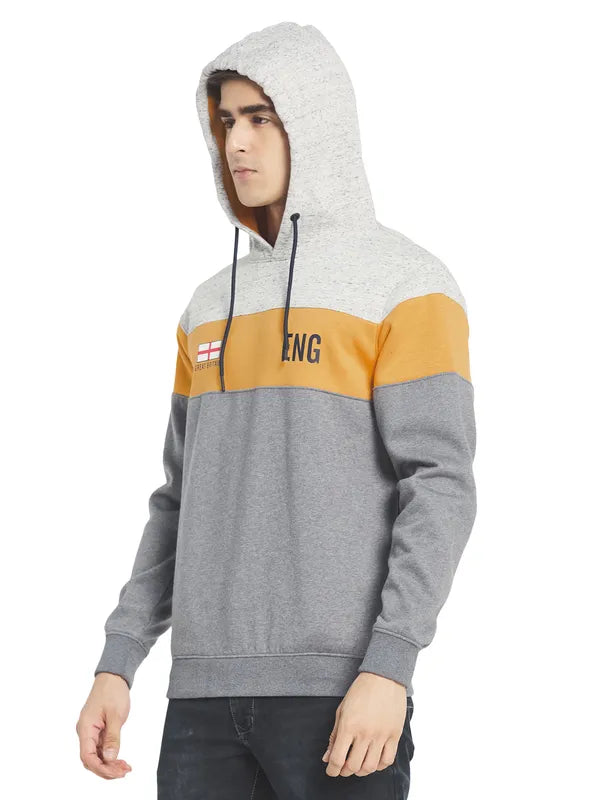 Octave Men Grey  Yellow Colourblocked Fleece Hooded Sweatshirt