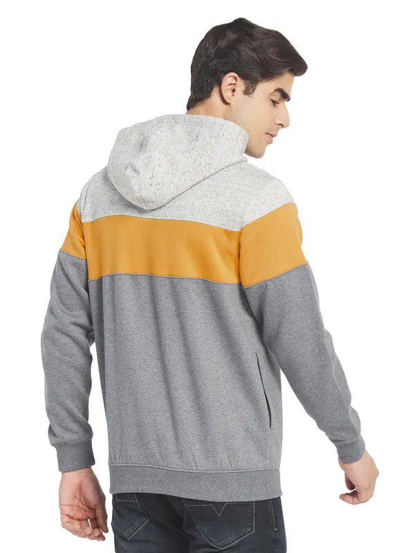 Octave Men Grey  Yellow Colourblocked Fleece Hooded Sweatshirt