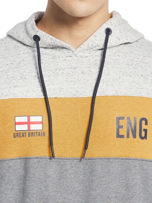 Octave Men Grey  Yellow Colourblocked Fleece Hooded Sweatshirt