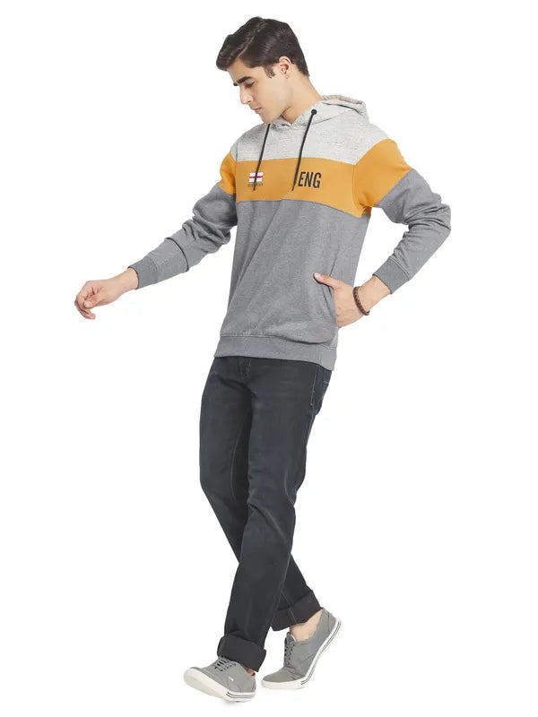 Octave Men Grey  Yellow Colourblocked Fleece Hooded Sweatshirt