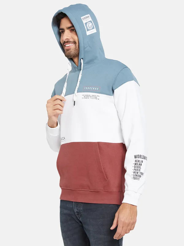 Octave Men Blue Colourblocked Hooded Sweatshirt